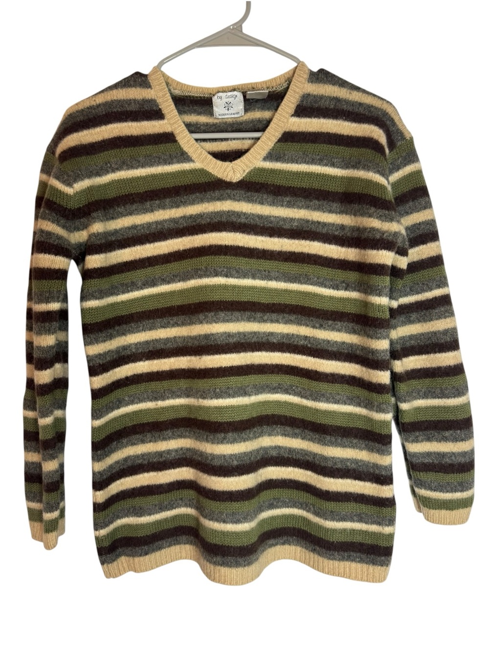 By Design 100% Wool Vintage V-Neck Small Sweater in Green, Cream & Brown